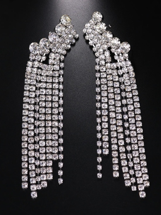 None Jewelry - Crystal Fringe Drop Earrings - Silver Tone
